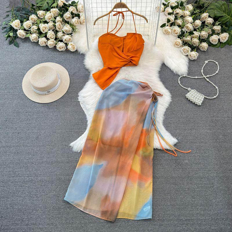Seaside Holiday Halterneck Smudges Print Fashion Suit