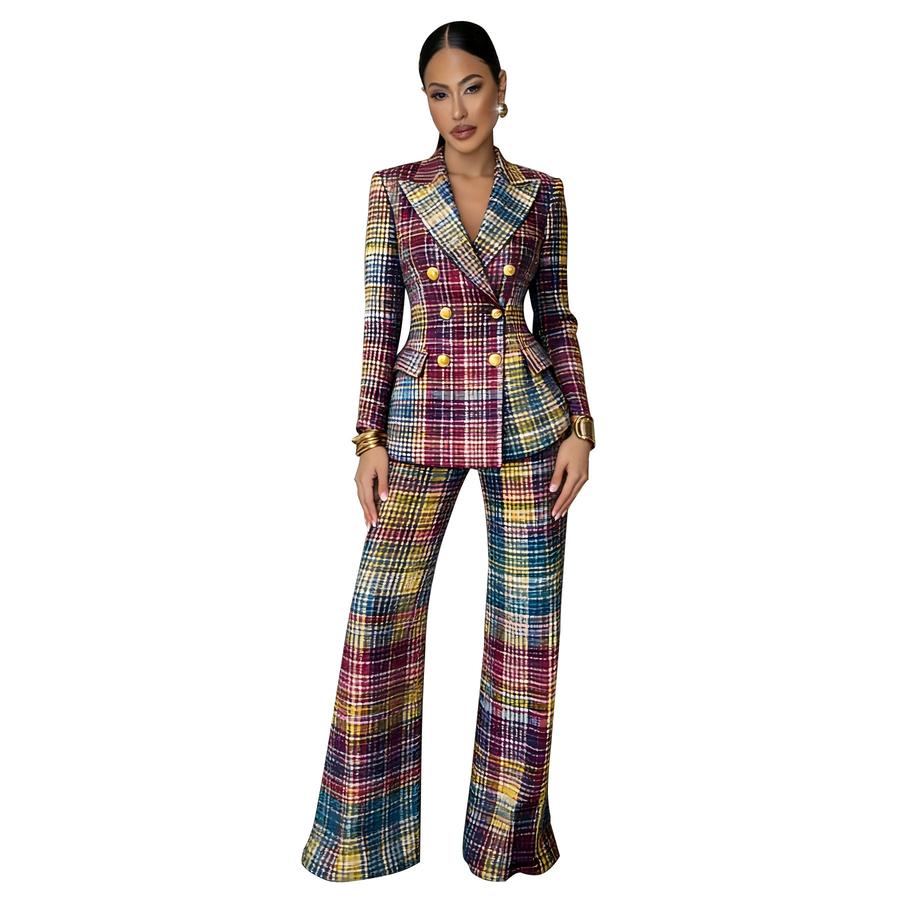 Women s Fashion Autumn Winter Long Sleeve Slim Fit Suit Set with Plaid Printed Long Pants S синий