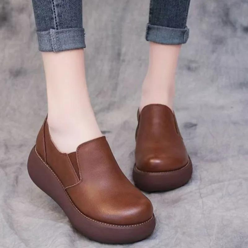 Fashion Women's Fashion Slope Heel Shoes Spring New Round Head Deep Mouth Thick Sole Anti-slip Wear-resistant Low-top Shoes