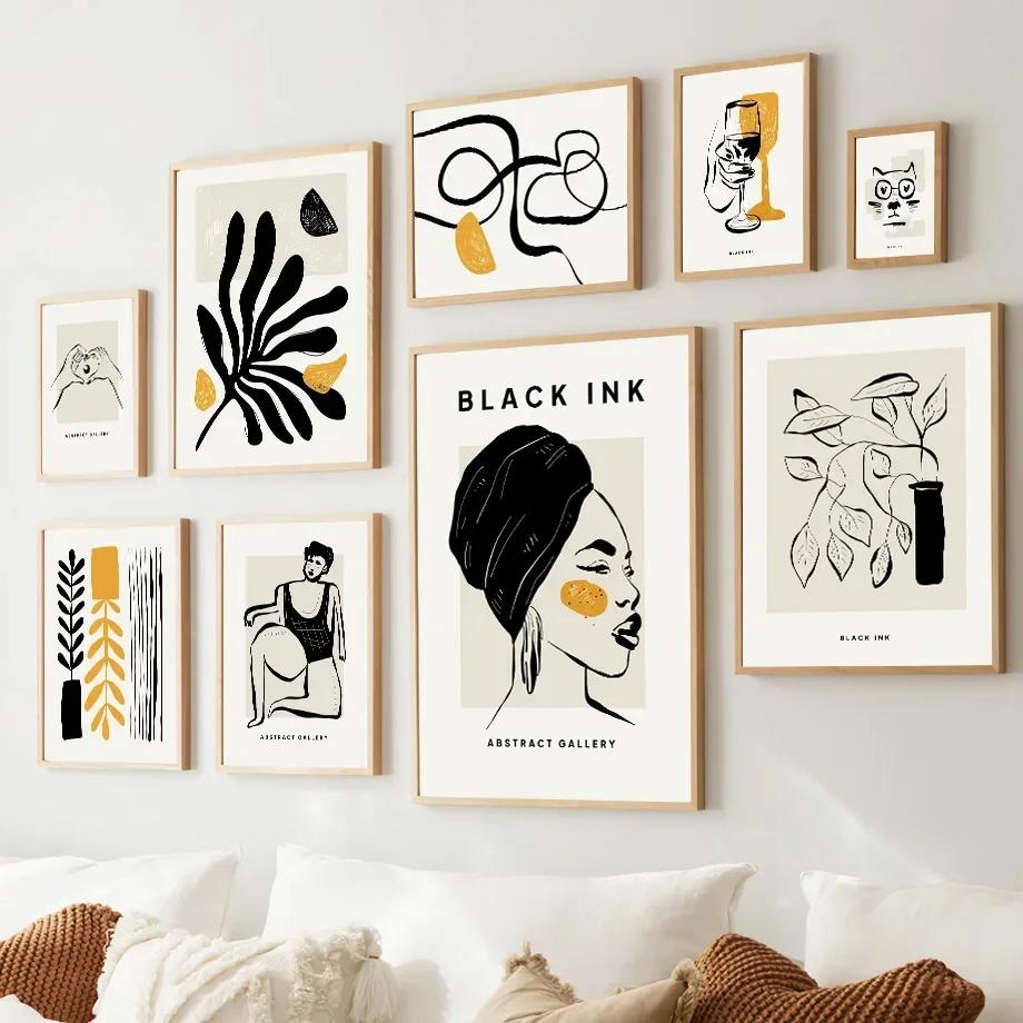 Schwarze Tinte Frau Linie Blätter Abstrakte Galerie Wand Kunst Leinwand Malerei Nordic Poster & Drucke Wand Bild Für Wohnzimmer Dekor