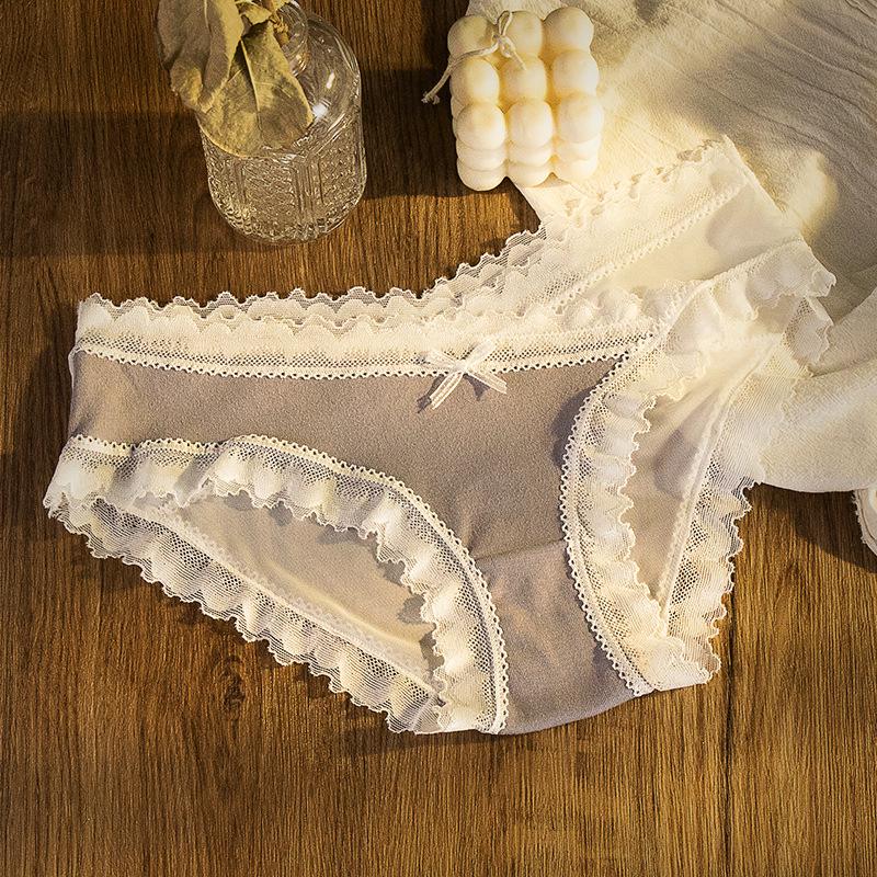 Damtrosor med färgblock och spetsrygg - Sexiga, söta, låg midja, andningsbart mesh med gren i ren bomull