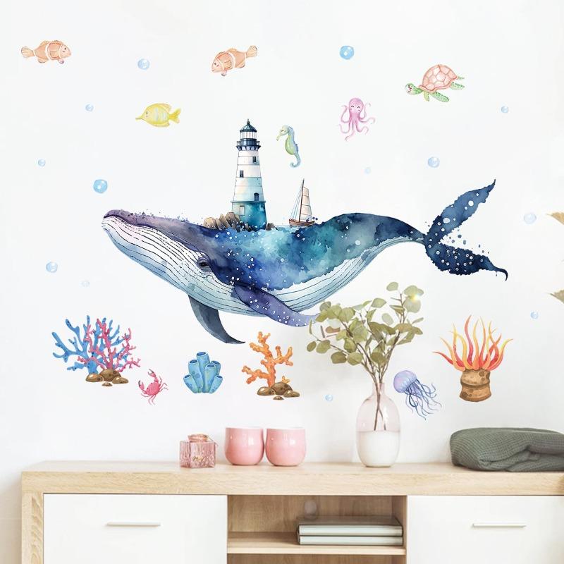 1pc Cartoon Cute Whale Seaworld Wall Stickers for Kids Room Children's Room Removable Living Room Nursery Decoration Wall Decals