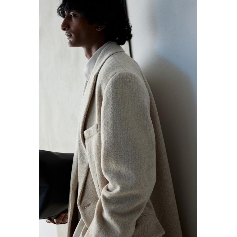 H M Double Breasted Wool Blend Coat Beige