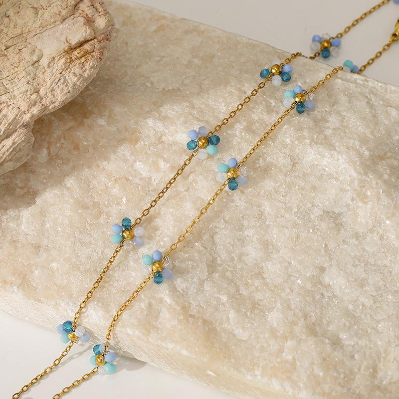 Blue flower necklace women's light luxury niche collarbone chain French retro high-end titanium steel neck chain fashionable and versatile