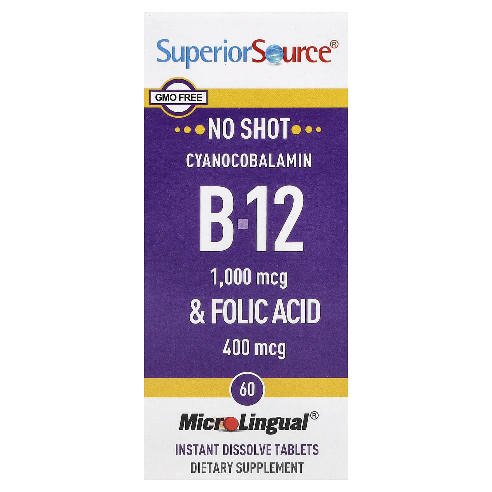 

Cyanocobalamin B-12 & Folic Acid, Instant Dissolve Microlingual 60 Tablets