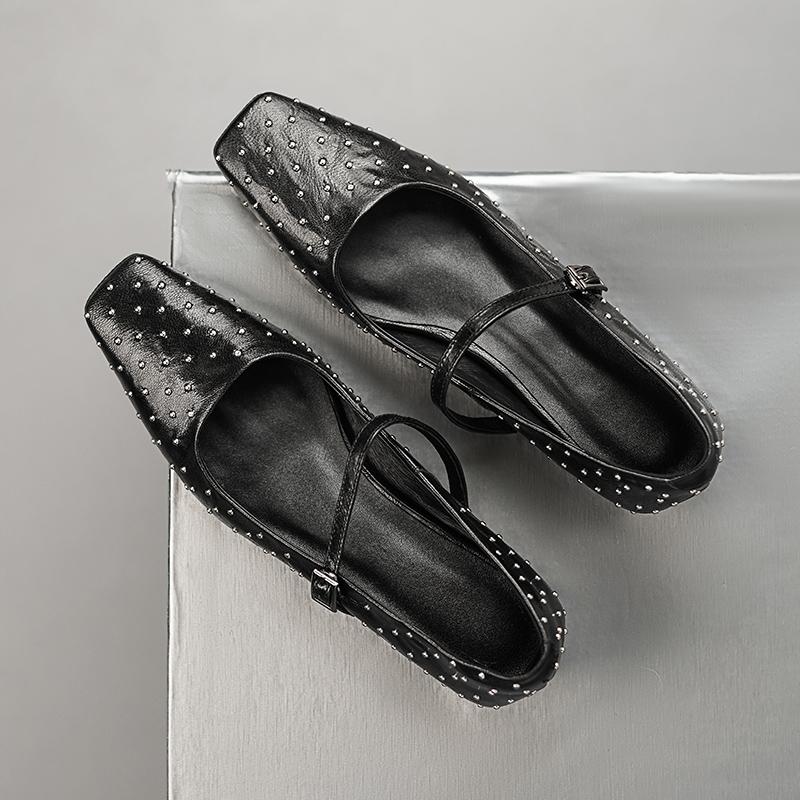 Fashion Retro Rivet One Buckle Mary Jane Shoes 2025 Summer New Square Toe Shallow Mouth Low Heel Single Shoes for Women