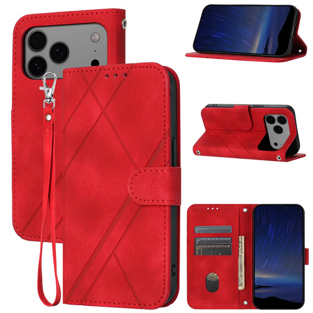 For iPhone 17 Pro Max Case Imprinted Line Leather Phone Cover with Handy Strap