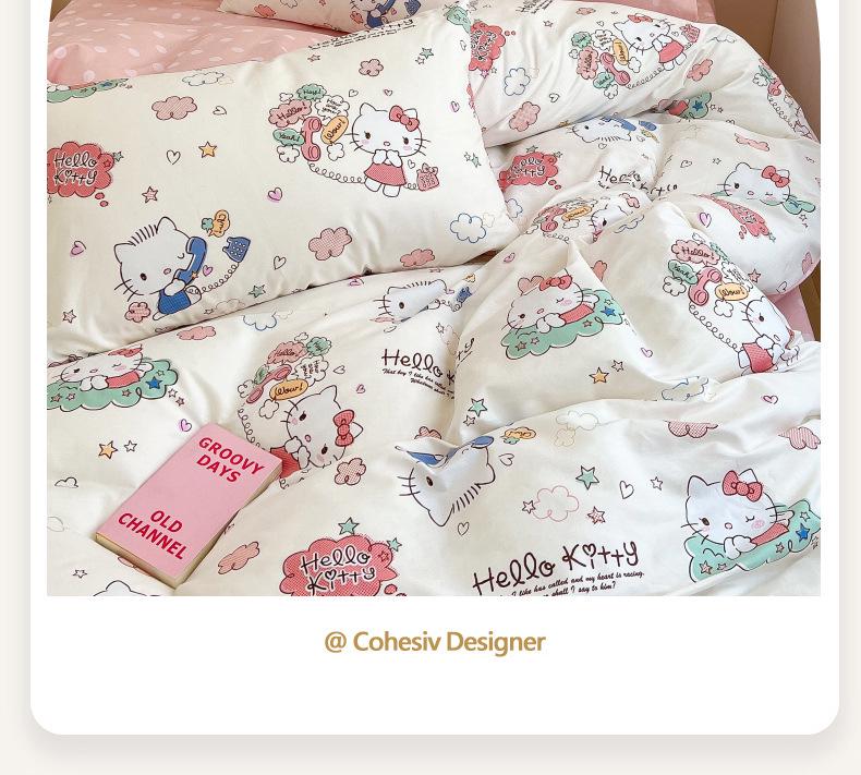 Hello Kitty All-Cotton Cute Cartoon Girl Fitted Sheet & Duvet Set - 4-Pc Dorm Style