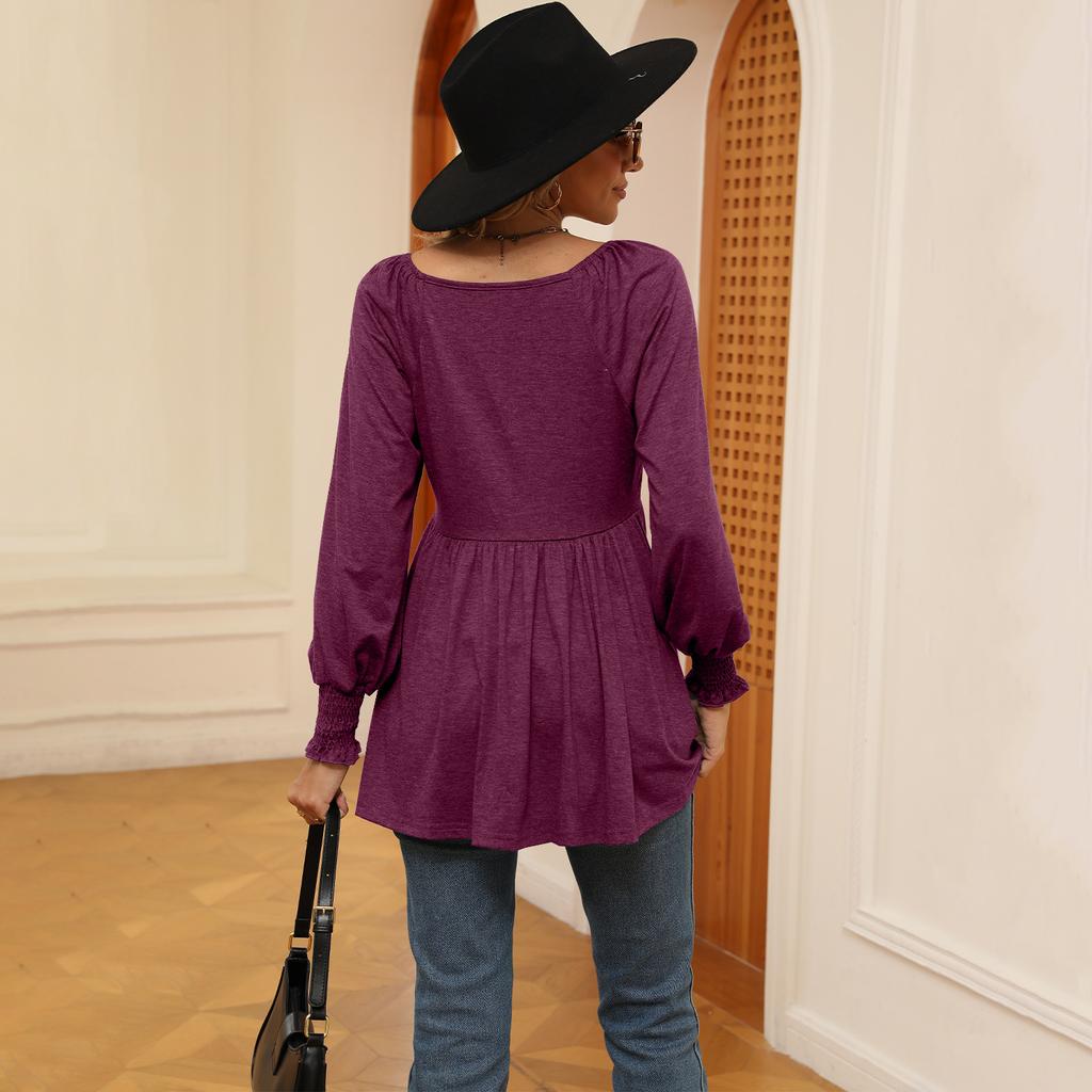 Women's Clothing Spring Autumn Tops V-neck T-shirt for Women Bubble Long Sleeve Elastic Waist Top