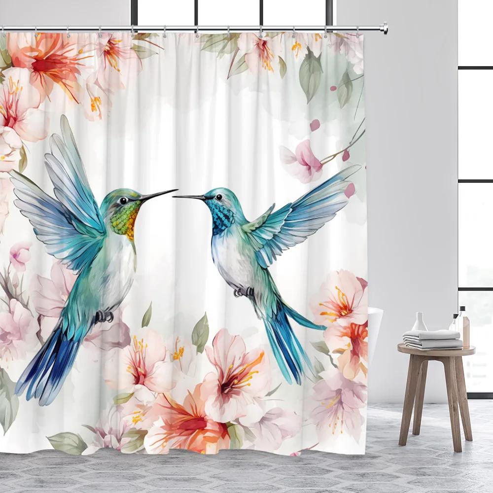 Hummingbird Shower Curtain Spring Flower Watercolor Farm Plant Green Leaf Butterfly Cute Cat Polyester Fabric Bathroom Decor Set