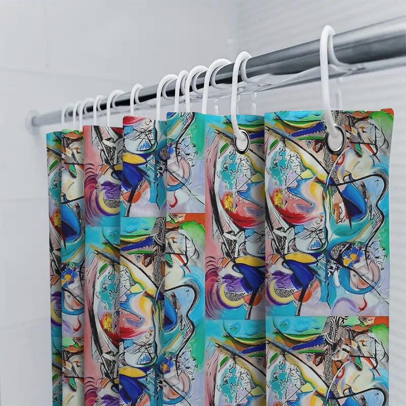 Abstract Art Shower Curtain Modern Bathroom Decor Teal Blue Geometric Pattern Waterproof Fabric Liner Washable Home Textile