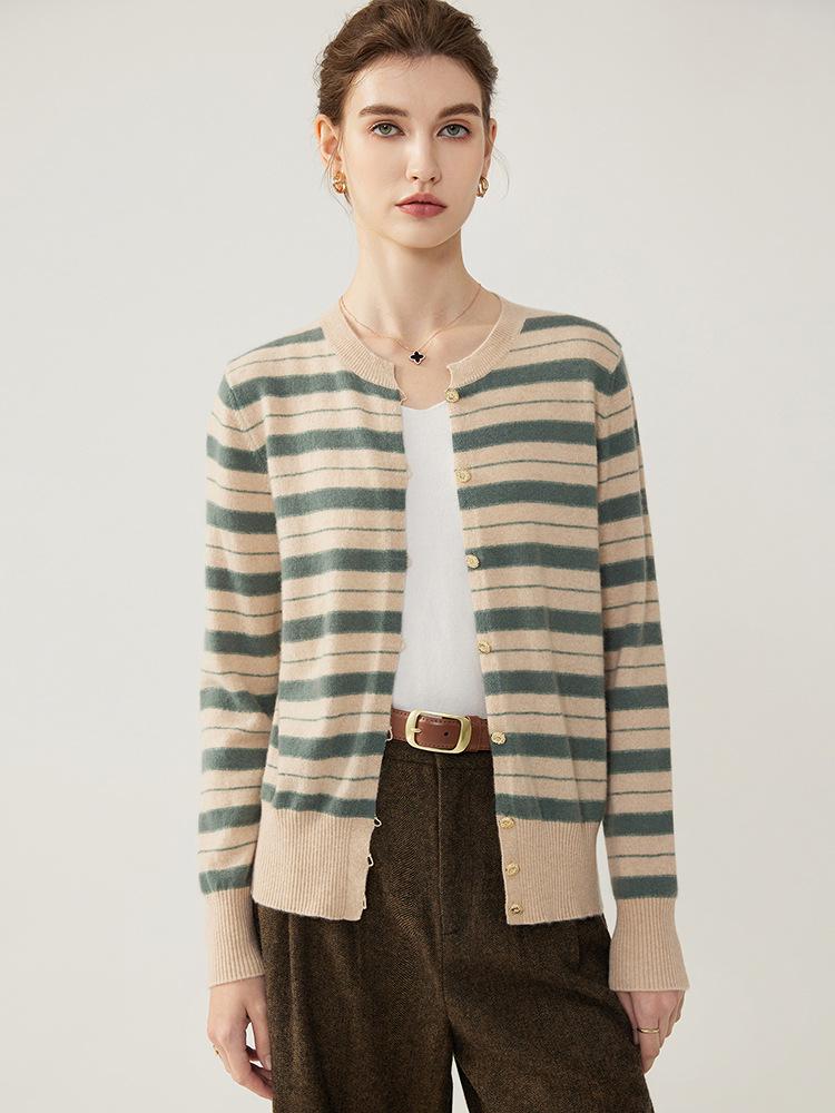 Women's Elegant Slim Fit Striped Cashmere Crew Neck Cardigan - 2026 Winter New Style, Chic Single-Breasted Top.