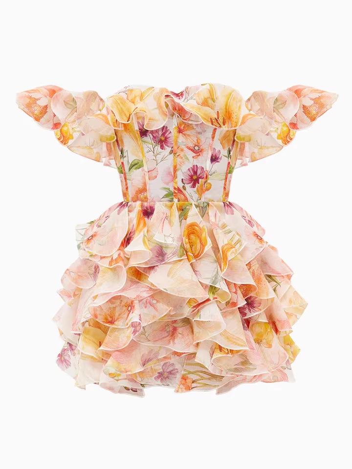 2026 Floral French Oil Painting One-Shoulder Backless Slimming Dress