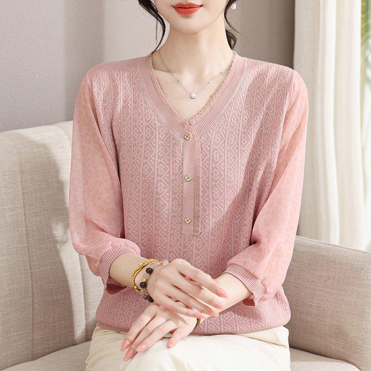 Stylish Casual V-neck Hollow Knit Top for Middle-Aged Women