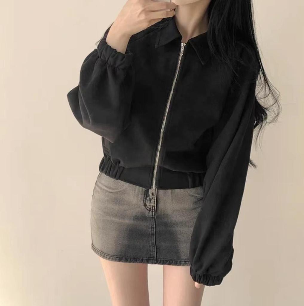 Korean Chic Autumn Retro Faux Suede Stand-Up Collar Zip-Up Jacket for Women