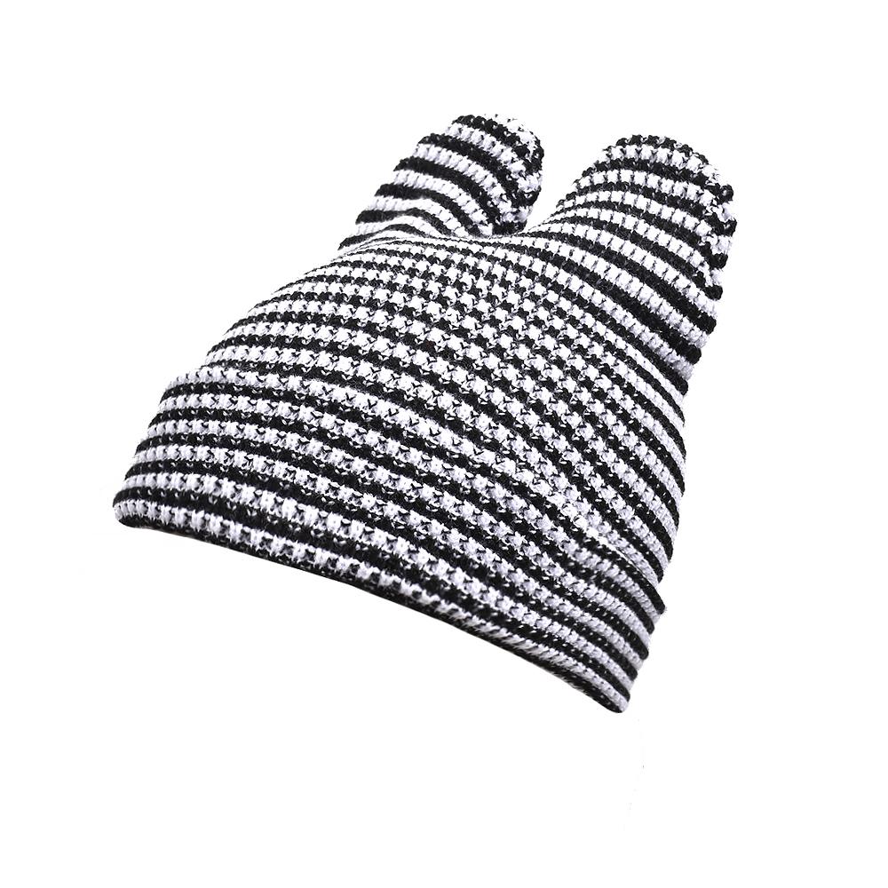 

Cute Cat Ears Beanie Hats for Women Winter Striped Korean Punk Gothic Y2K Wool Knitted Streetwear Handmade Crochet Bucket Cap 54-59cm чорний білий колір