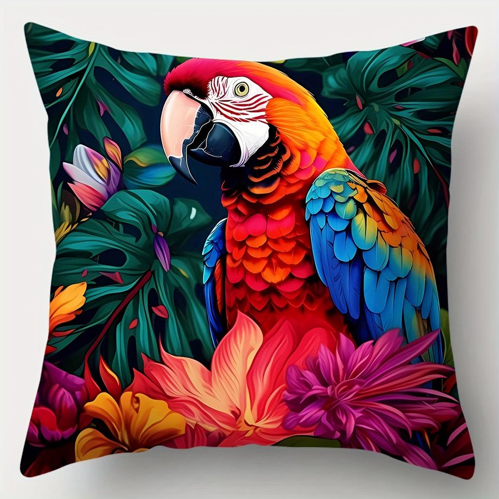 4-piece Colorful Parrot and Floral Print Pillowcase Set, Suitable for Room, Bedroom and Sofa Decoration (insert Not Included)
