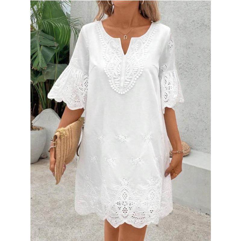 BITCED Fashion Solid Color Print 3/4 Sleeves V-Neck  Casual Dresses