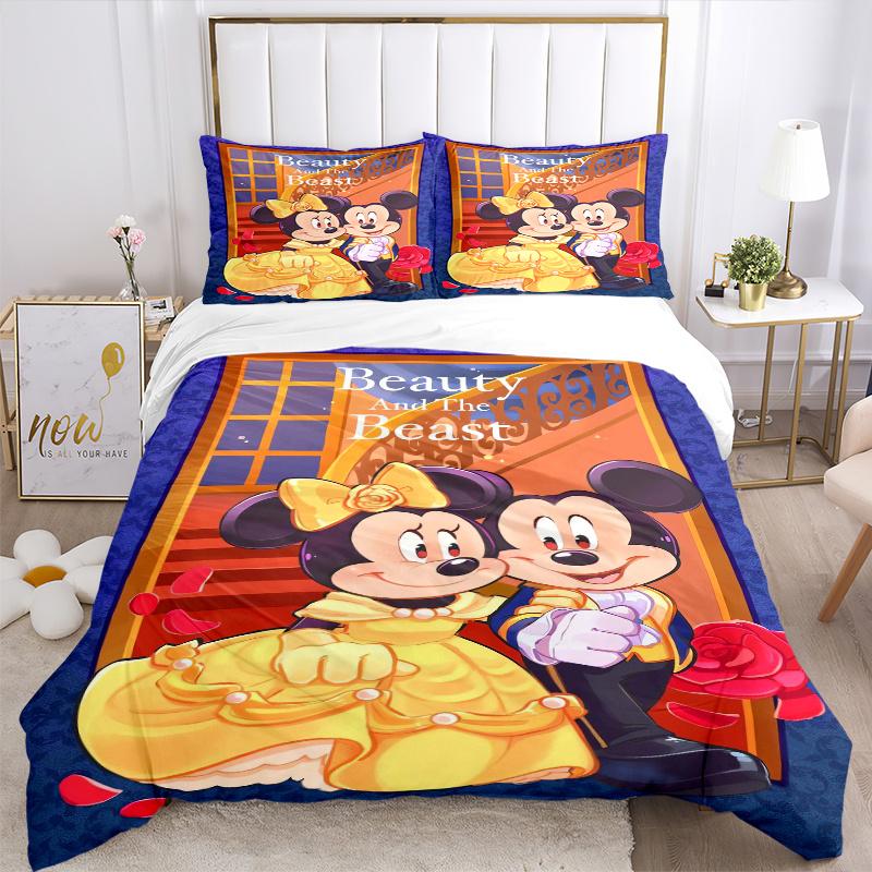 3pcs Beauty and the Beast Theme Mickey and Minnie Bedding Set Includes 1 Quilt Cover and 2 Pillowcases, Comfortable Bedding