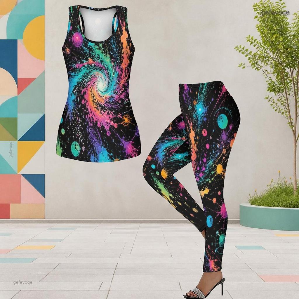 Womens Plus Size Two Piece Set Scoop Neck Sleeveless Printed Longline Tank Top And Fitted Pants