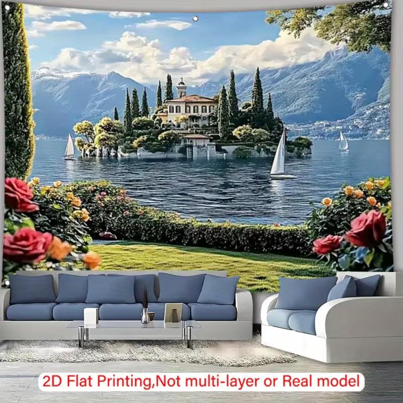 

2D Flat Printing Italian Lake Como Tapestry, Villa Island and Mountain View Wall Decor 47.2x31.5inch/120*80cm