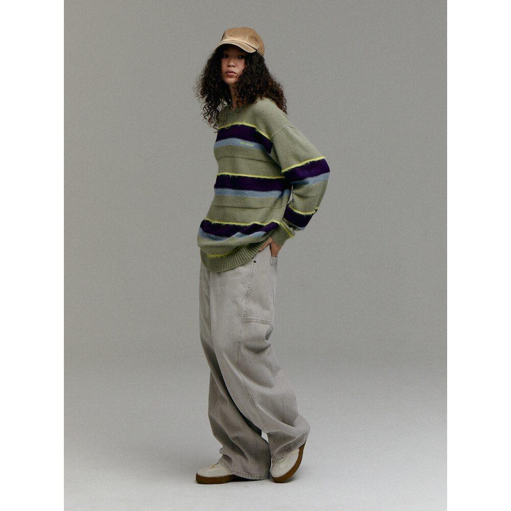 Saendeusaundeu (Unisex) Wool Blend Striped Pullover Sweater Apple Green