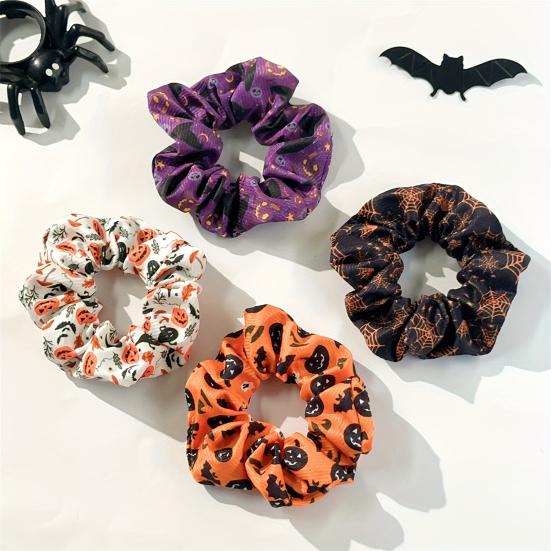 Fluffy Hair Scrunchies Halloween Ties, High Elasticity Scrunchies, Soft Stretchy Bands with Ghost Witch Hat Tie Bat Spider Web Design,