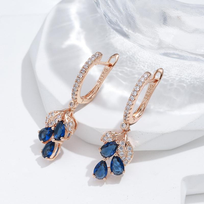 Kienl New  Rose Gold Color Long Earring For Women Vintage Blue Natural Zircon Flower Drop Earring High Quality Daily Jewelry
