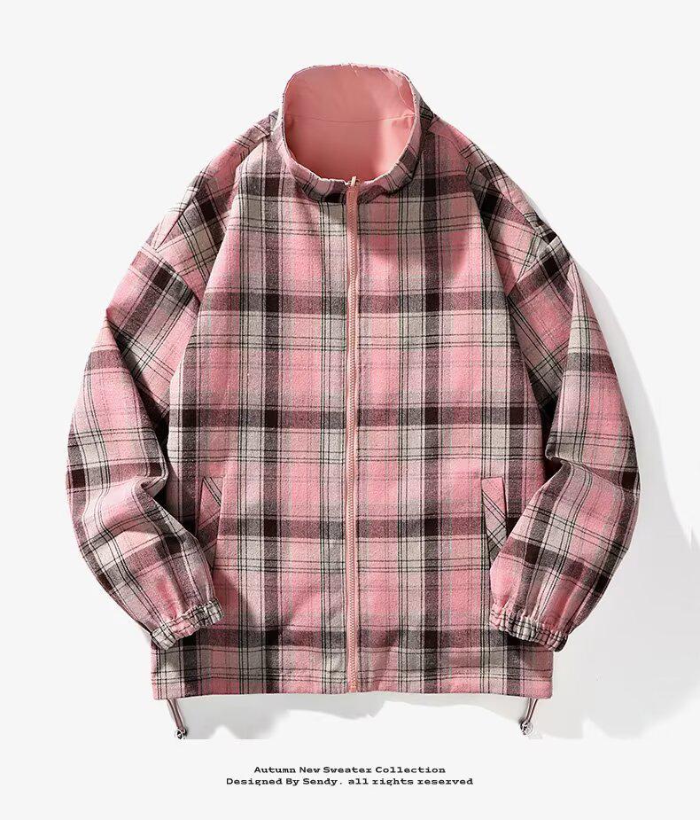 Men's Casual Double-Sided Plaid Patchwork Jacket - Stand Collar, Versatile Spring/Autumn Outerwear in American and Japanese Style