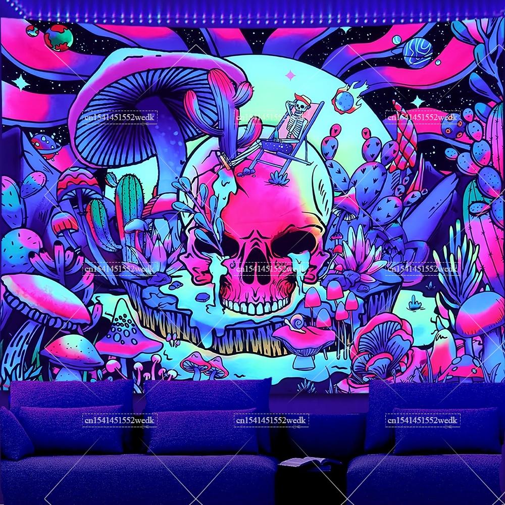 Hippie Lebka Oči Černobílá Tapiserie UV Reaktivní Hory Kaktusy Rostliny Svítící Ve Tmě Tapiserie Estetické Neonové Tapiserie