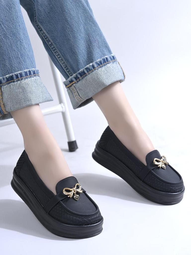 Shoetopia Womens Platform Loafers | Stylish Slip-On Casual Shoes with Metal Detail | Comfortable Everyday Footwear Flats