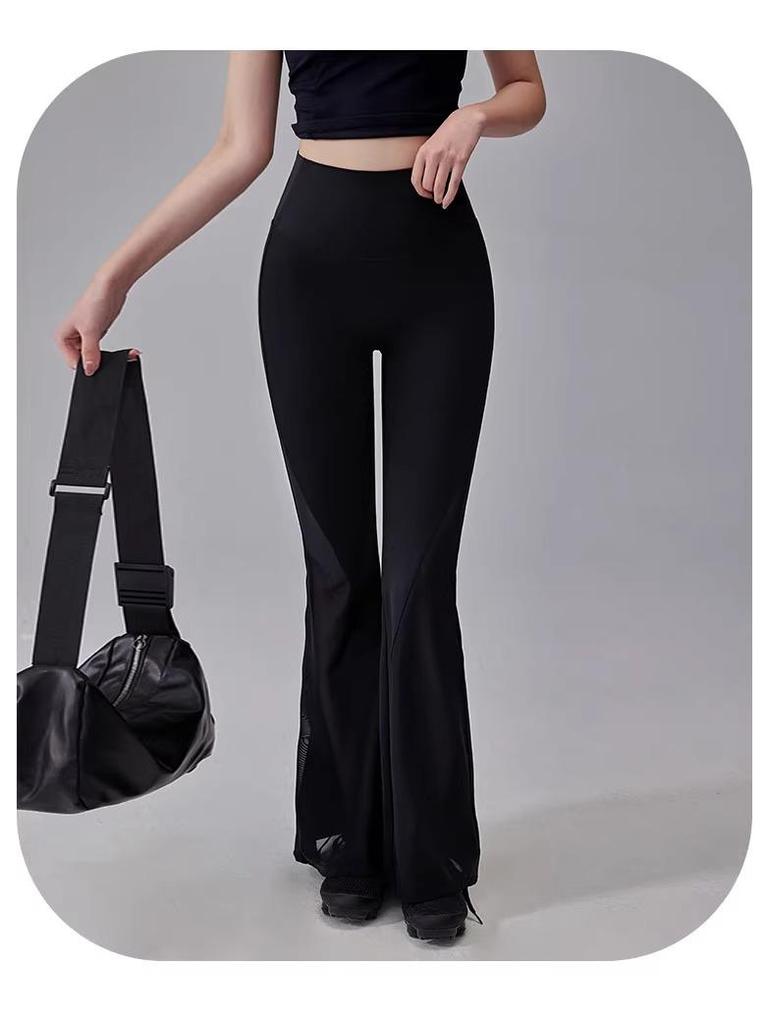 High-Waisted Breathable Yoga Pants with Mesh Stitching and Hip-Lift Design - Micro Flare Running and Training Leggings