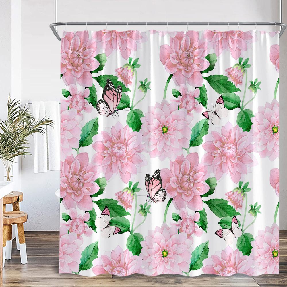 Floral Print Shower Curtains Watercolor Wildflowers Green Leaves Birds Butterfly Bathroom Decorations Polyester Bath Curtains