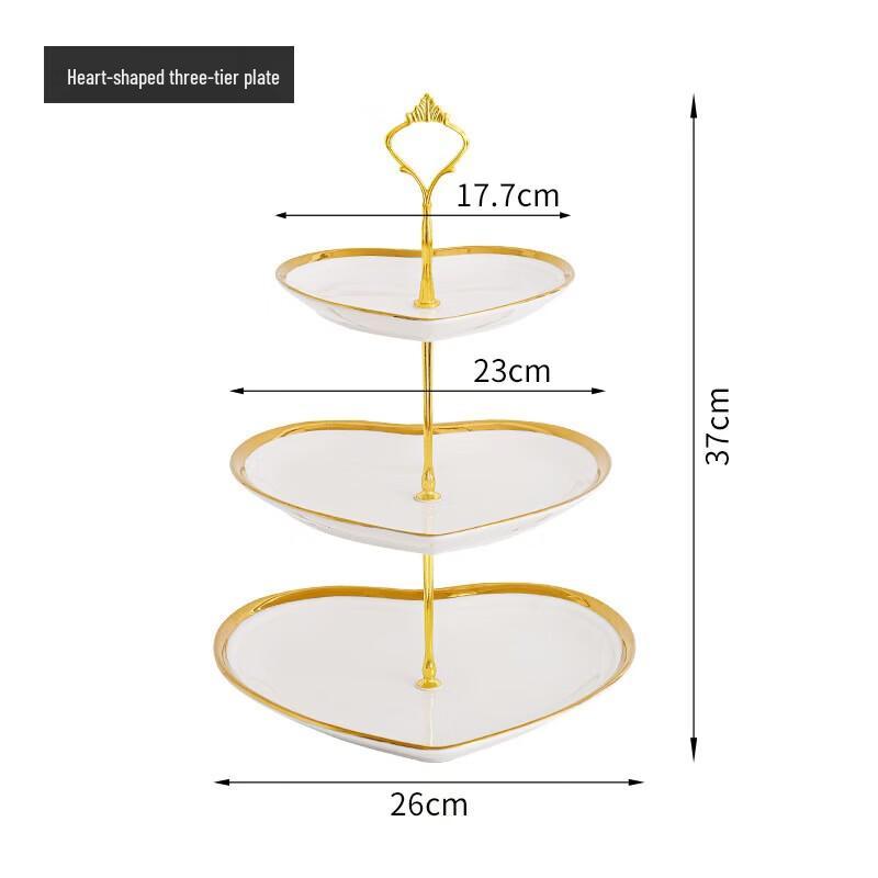 Heart-Shaped 3-Tier Gold Rim White Ceramic Dessert Plate Set