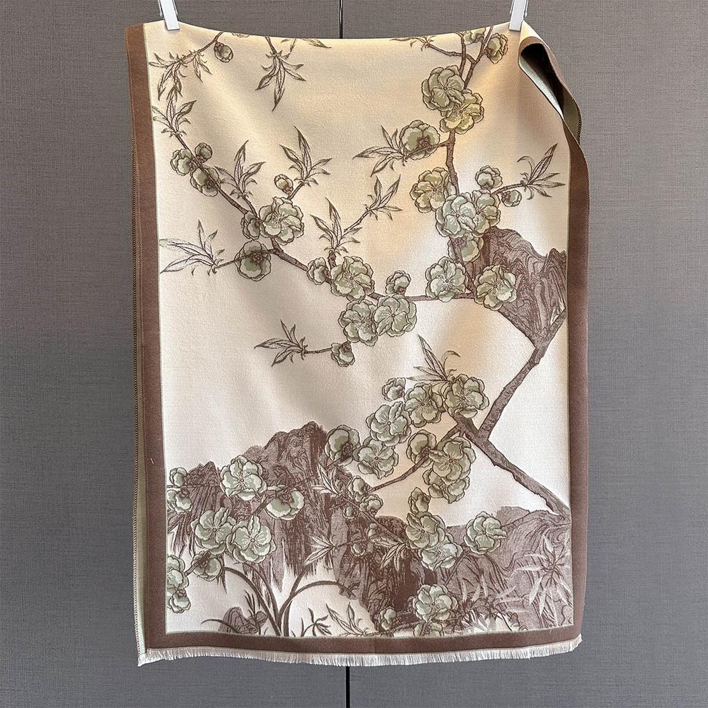 New retro flower jacquard imitation cashmere scarf for women's high-end versatile, fashionable and durable, going out to decorate the scarf