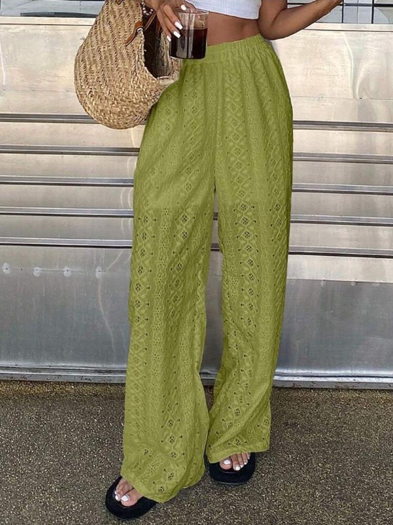 Women's Summer Solid Hollow Embroidered Loose Waist Elastic Long Pants Casual Versatile