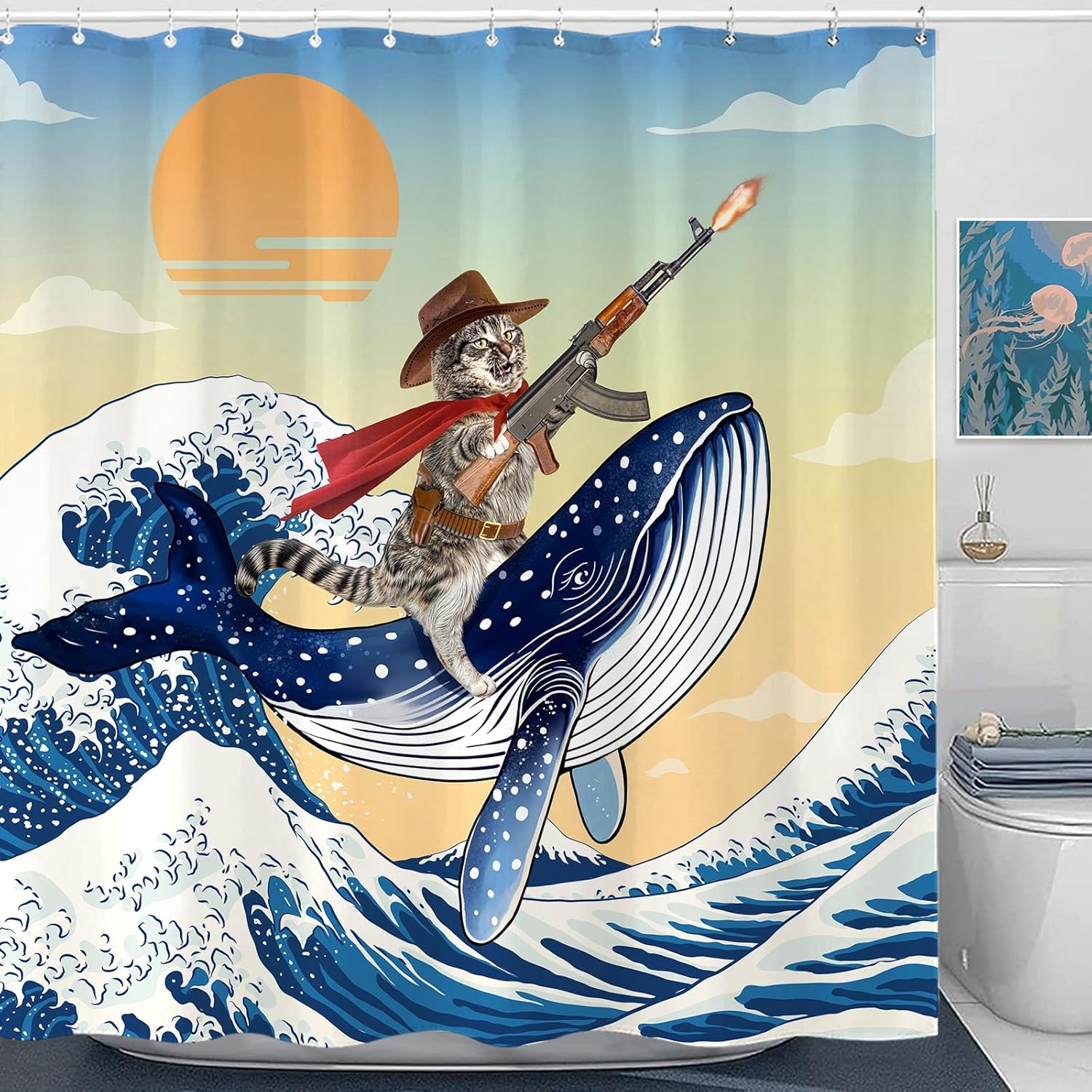 AccnicFunny Japanese Cat Shower Curtain Fun Cool Cute Black Cat Dinosaur Monster Shower Curtains for Bathroom Anime Ocean Wave 90x180CM