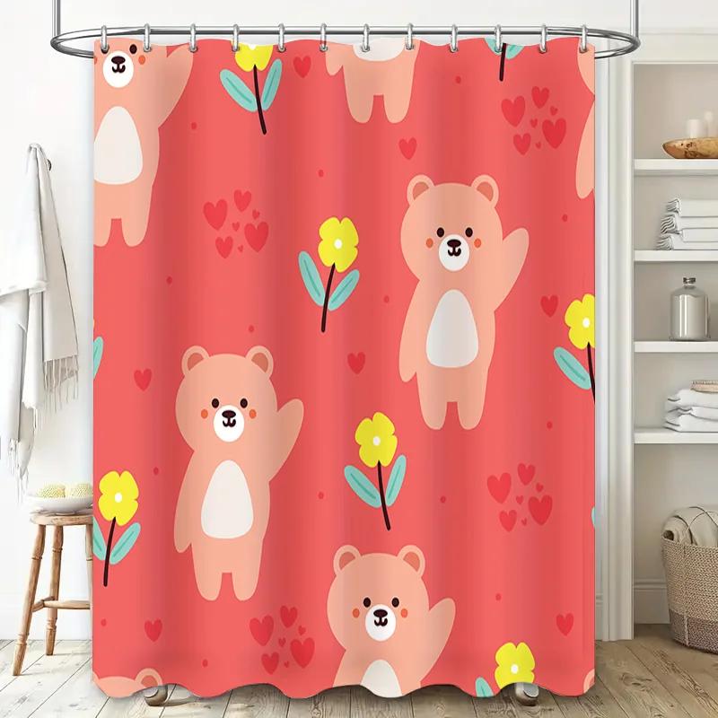 Soft and Colorful Shower Curtains with Cartoon Bears Design for Bathroom Decor Pink Floral Print Fabric Curtain Set (Size: 180cm
