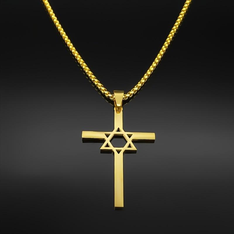 Personalisierte Modische Glatte Oberfläche Edelstahl Hohl Sechsspitziger Stern Kreuz Halskette