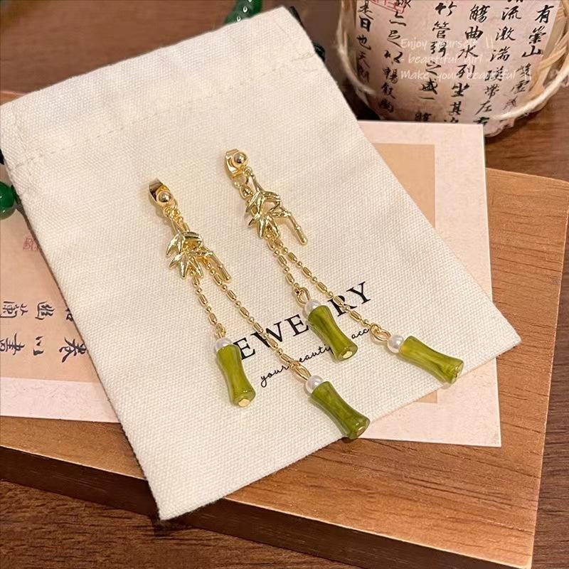 Chinese style olive green jade bamboo section fringed stud earrings niche design temperament Chinese antique long earrings