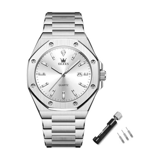 Octagonal Watch Men s Silver Popular Waterproof Analog Quartz Olevs Arm Watch for Men Dress Business Stylish Stainless Steel Men s Watch Date Simple