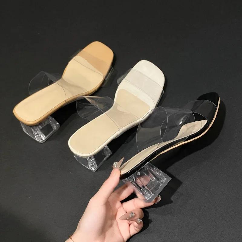 Fashion Transparent Crystal Heel Sandals Women's Outdoor Wear High Heels Sexy Thick Heel Ladies Slides Rubber Bottom PVC Material