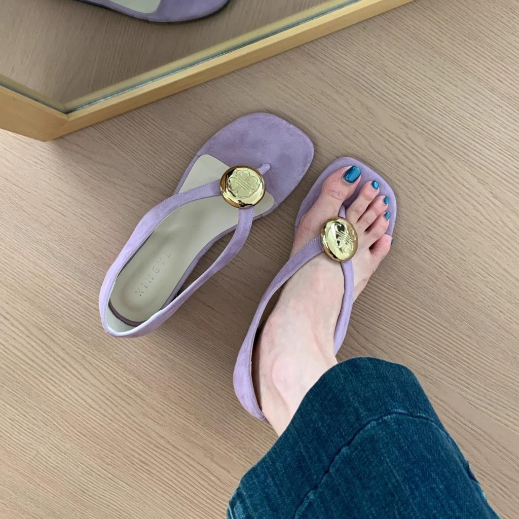 Super easy to wear 2025 summer new flat-bottomed versatile Mary Jane shoes women's shoes suede metal buckle round head shallow mouth single shoes
