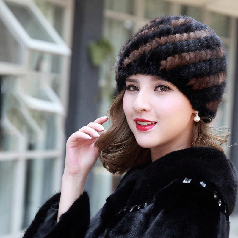 Mink Fur Hat Women Winter Ear Protection Warm Natural Fur Knitted Hat Fluffy Fur Snow Caps Ladies Black Fur Caps Winter Cap