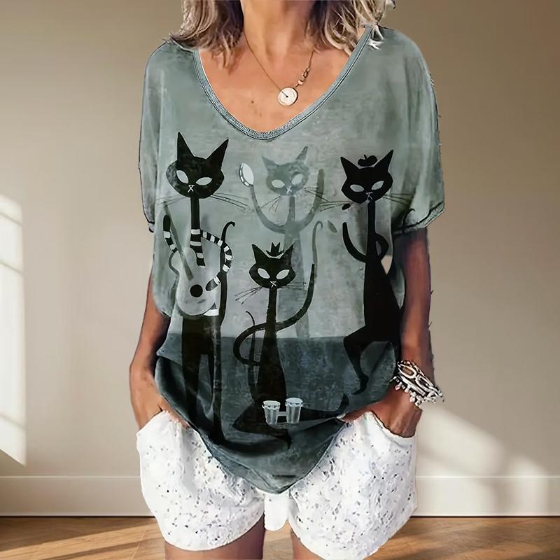 Black Cat Painting Blouses Short Sleeved V-Neck T Shirts Casual