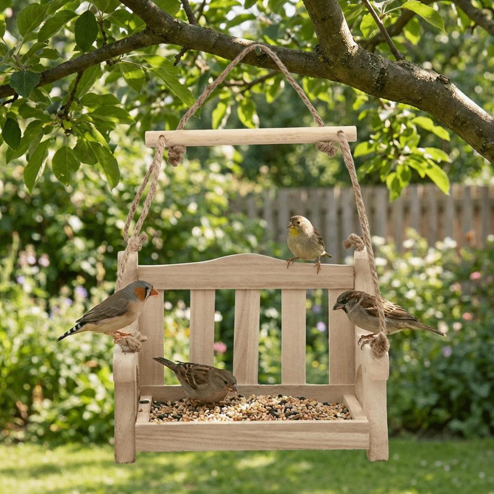 Durable Wooden Hanging Bird Feeder Chair Design Rest Stand Bird Food Container Large Capacity Decorative Wildlife Habitat Yard