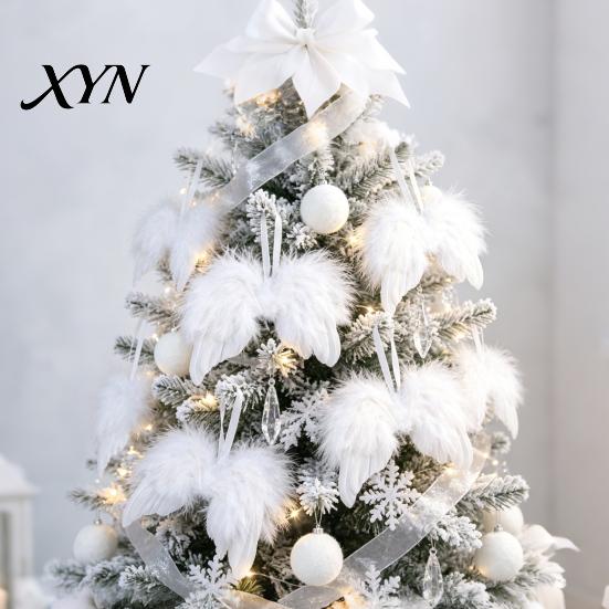 Holiday Party Props 10Pcs White Feather Angel Wings Ornament for Christmas Tree Decoration, Soft Fluffy Baby Photography Accessories Hanging