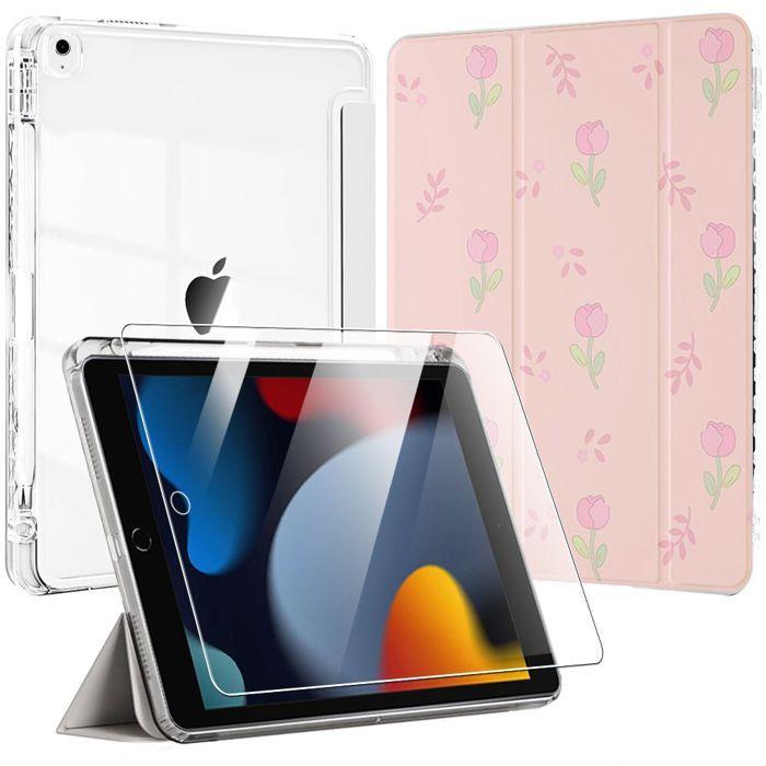 Coque + Verre Trempé - E.F.Connection - pour iPad 10,2" (2019/2020/2021) - Slim avec Porte-Stylet - Fleur