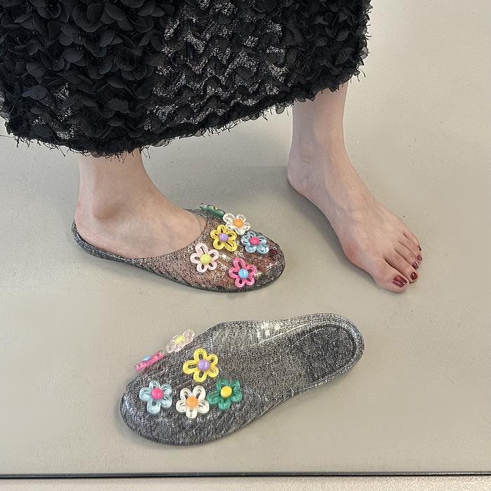 Fashion New Korean Fashion Women's Jelly Shoes with Flower Accessories Summer Footwear Ladies Flat Slippers Vocation Beach Slides Size36