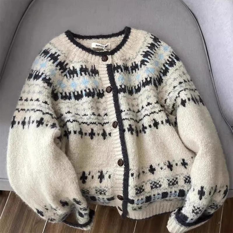 Premium retro jacquard crew neck knitted cardigan women's autumn and winter thickened single-breasted loose Fair Island sweater jacket